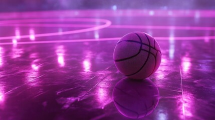 Fototapeta premium Neon Basketball Court: A Single Ball Under Pink Lights
