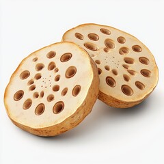 Fototapeta premium Two slices of lotus root, showing intricate holes