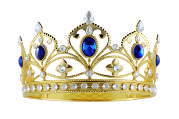 a gold crown with blue gems isolated on white background PNG , AI GENERATED