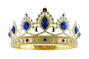a gold crown with blue gems isolated on white background PNG , AI GENERATED