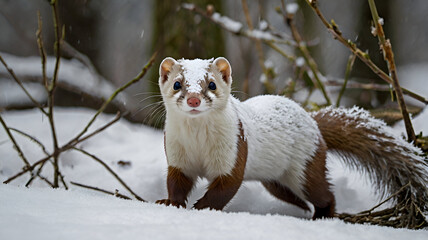  least weasel  A least weasel, its sleek white fur blending with the snow-covered landscape