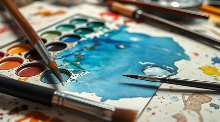 Fototapeta premium Vibrant Watercolor Palette with Brushes and Paint Splatters