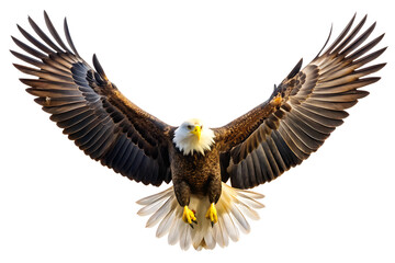 Obraz premium a spread wing bald eagle soars in the sky isolated on white background PNG , AI GENERATED