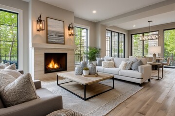 Fototapeta premium A modern living room with a fireplace, featuring neutral colors and wood accents