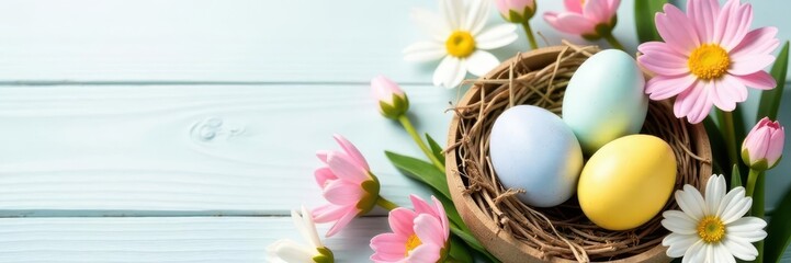 Obraz premium Pastel eggs nestled in spring blooms, white wood backdrop, wood, arrangement