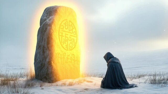 Cloaked Figure Kneels Before Glowing Rune Stone in Snowy Field