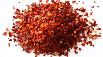 A vibrant pile of red pepper flakes, showcasing their coarse texture and rich color, perfect for adding spice to dishes.