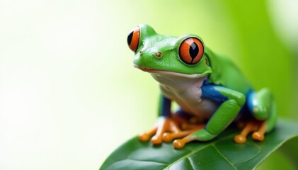 Green tree frog perched on white, vibrant skin, sitting, green