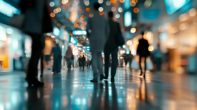 Abstract blurred photo of many people shopping inside department store or modern  shopping mall. Urban lifestyle and black Friday shopping, motion, speed, blurred, group, city, modern