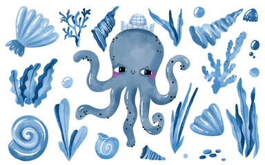 Naklejka premium Hand drawn watercolor octopus and seaweed, shells. Underwater oceania life. Sea illustration
