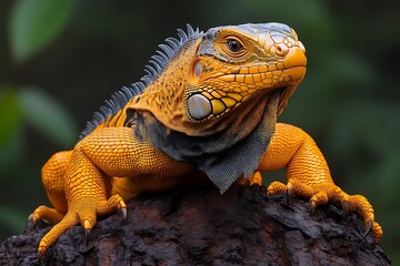 Obraz premium Golden Iguana Portrait Perched on Rock in Lush Tropical Setting