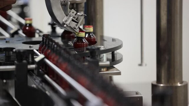 Rajkot, Gujarat, India 03 02 2025: Pharmaceutical syrup, ointment and medicine Manufacturing process cinematic view of syrup bottles leads locking process in the machine  