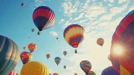 A breathtaking spectacle of vibrant hot air balloons soaring through a sunny sky, painting a joyful and unforgettable moment against a backdrop of fluffy clouds.