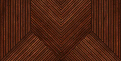 A bold geometric wooden parquet design featuring rich brown diagonal and vertical lines.