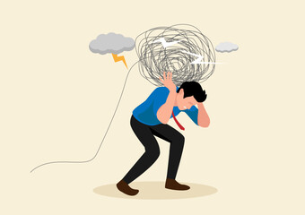 Stress burden, anxiety from work difficulty and overload, problem in economic crisis or pressure from too much responsibility concept, tried exhausted businessman carrying heavy messy line on his back