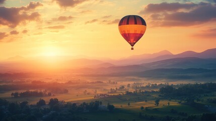 Obraz premium A hot air balloon soars above a valley at sunrise.