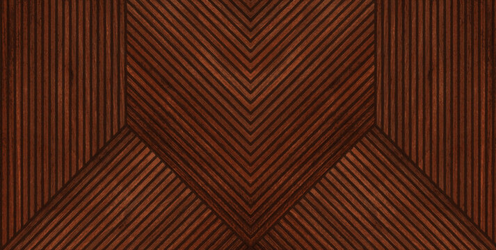 A bold geometric wooden parquet design featuring rich brown diagonal and vertical lines.
