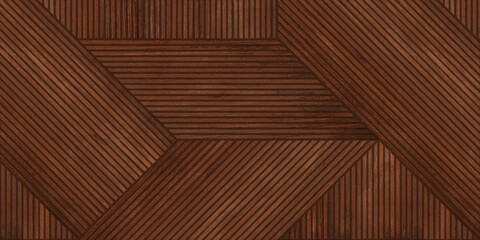 A bold geometric wooden parquet design featuring rich brown diagonal and vertical lines.