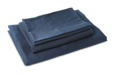 Stack of silky bed linens on white background