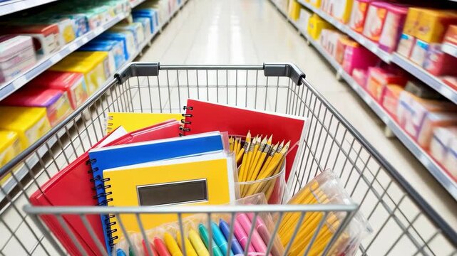 Shopping for school supplies in a colorful store aisle filled with notebooks and stationery items