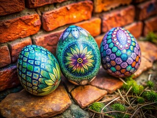 Unique Designer Eggs Watercolor Texture Soft Brick Background Drone Aerial View