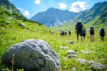 Hikers in a mountain valley.  A group of people hiking in a picturesque alpine valley