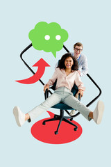 Art image vertical photo collage of two happy girl guy sit chair phone screen message bubble...
