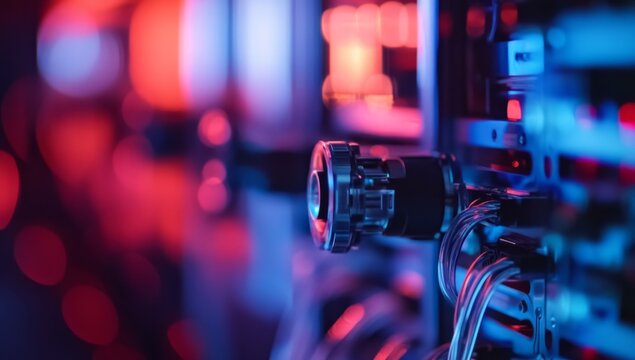Close-up of server components in a data center.  Colorful vibrant lighting