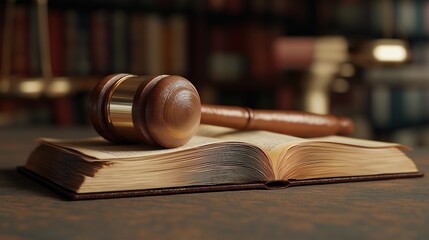 Wooden gavel and open law book on a courtroom desk with legal literature in the background
