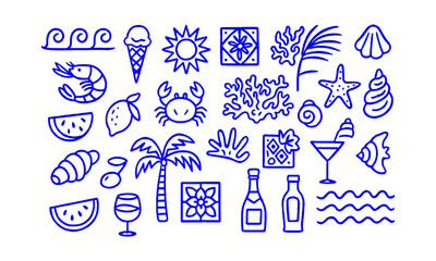 Vector-style illustration featuring a collection of summer-themed line icons, easily editable.