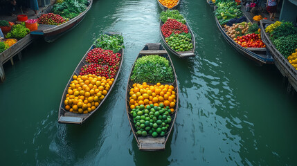 Obraz premium Boats laden with fruits and vegetables float through Thailandâ€™s traditional canal market in a vivid cultural scene