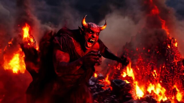 Fiery demon running through flaming landscape in intense action sequence