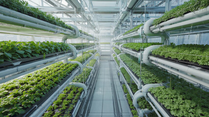 Futuristic vertical farming greenhouse with hydroponic growing systems
