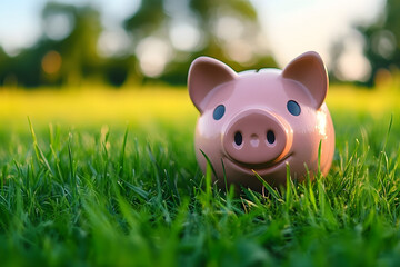 A lush green meadow field with grass and a lawn set against a clear blue sky featuring a piggy bank or piggybank represents a plan for saving money and achieving retirement freedom and