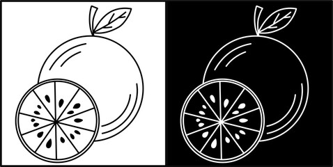 Simple and clean orange icon featuring a whole fruit with a leaf and a cross-section showing the juicy segments. Perfect for food, health, or fruit-related designs. Vector illustration.