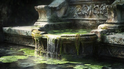 Ancient Stone Fountain with Moss and Water Flowing Into Pond Scenery