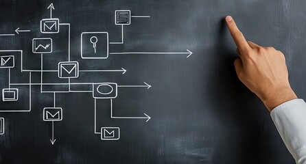 Hand points to a complex flowchart drawn in chalk on a blackboard, illustrating a system's interconnected components and data flow