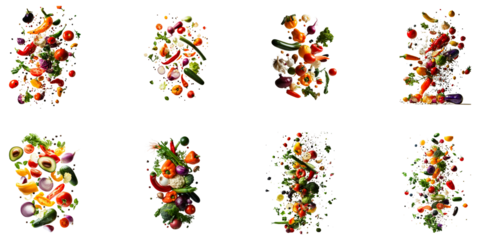 Fresh produce explosion with colorful fruits, vibrant vegetables, floating food, organic ingredients, healthy eating, culinary art, transparent background
