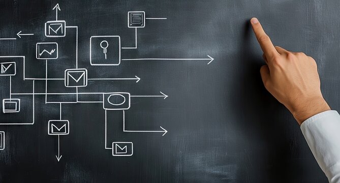 Hand points to a complex flowchart drawn in chalk on a blackboard, illustrating a system's interconnected components and data flow