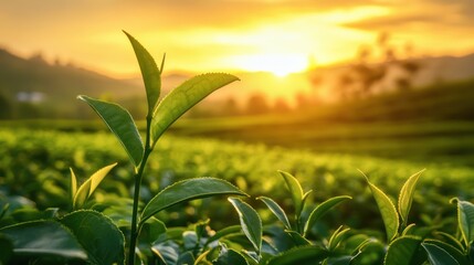 Lush tea leaves bathed in golden sunrise light.