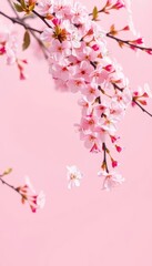 Fototapeta premium Delicate pink cherry blossoms softly falling on a pale pink background, light pink, blossom tree