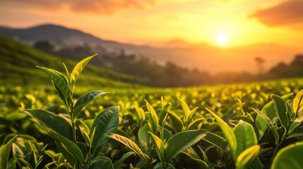 Lush tea plantation at sunrise, bathed in golden light.