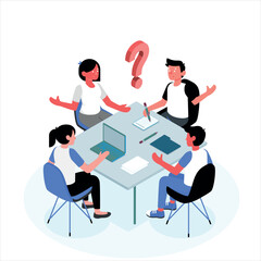 Brainstorming Session: A graphic illustration depicts a collaborative meeting with a question mark symbolizing a shared challenge, emphasizing teamwork, problem-solving, and creative thinking.