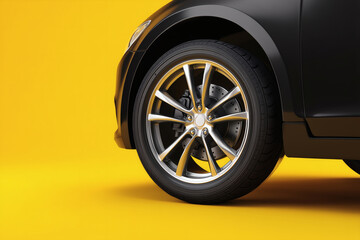 Close-up of a modern car showcasing its wheel with intricate rim design and black exterior on yellow backdrop.