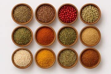 Twelve Wooden Bowls Displaying Assorted Dried Spices Seeds Herbs and Powders for Culinary and Medicinal Use