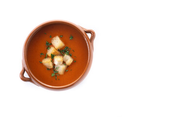 Traditional Spanish Gazpacho soup in bowl isolated on white background. Top view. Copy space