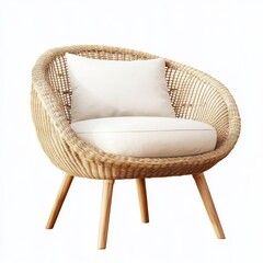 Stylish woven chair with natural wood legs.  Cream-colored cushioned seat