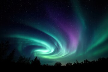 Aurora Shaped Like a Spiral A spiraling aurora borealis pattern with deep greens and purples swirling overhead.