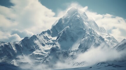 A view of a towering mountain with sharp, rugged peaks covered in fresh snow. 