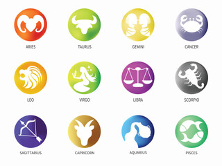 Zodiac signs icon set. Isolated horoscope zodiac symbols, Aries, Taurus, Gemini, Cancer, Leo, Virgo, Libra, Scorpio, Sagittarius, Capricorn, Aquarius, and Pisces. Zodiac astrology vector illustration,